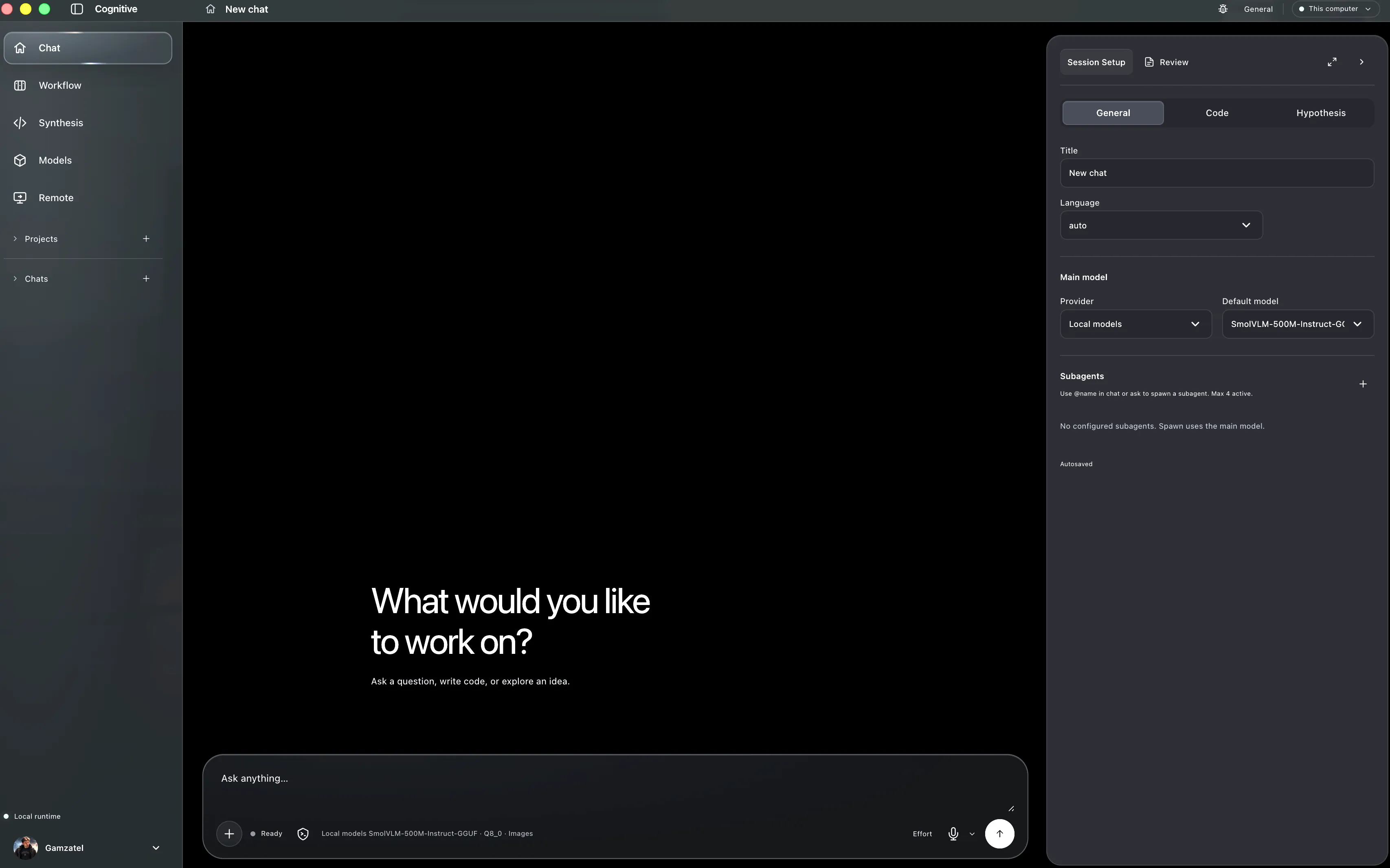 The chat workspace with the session setup panel