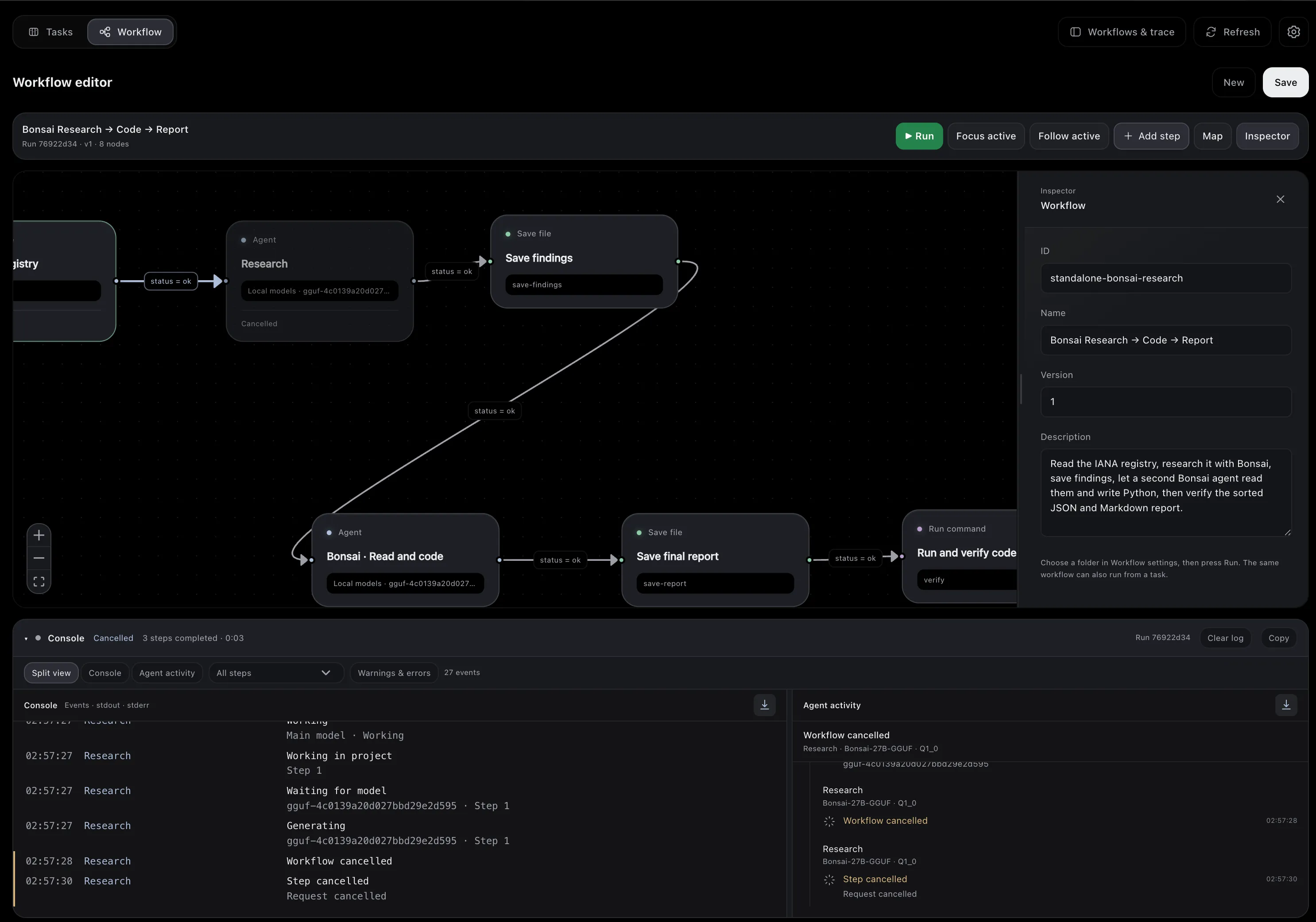 The workflow editor with a run in progress